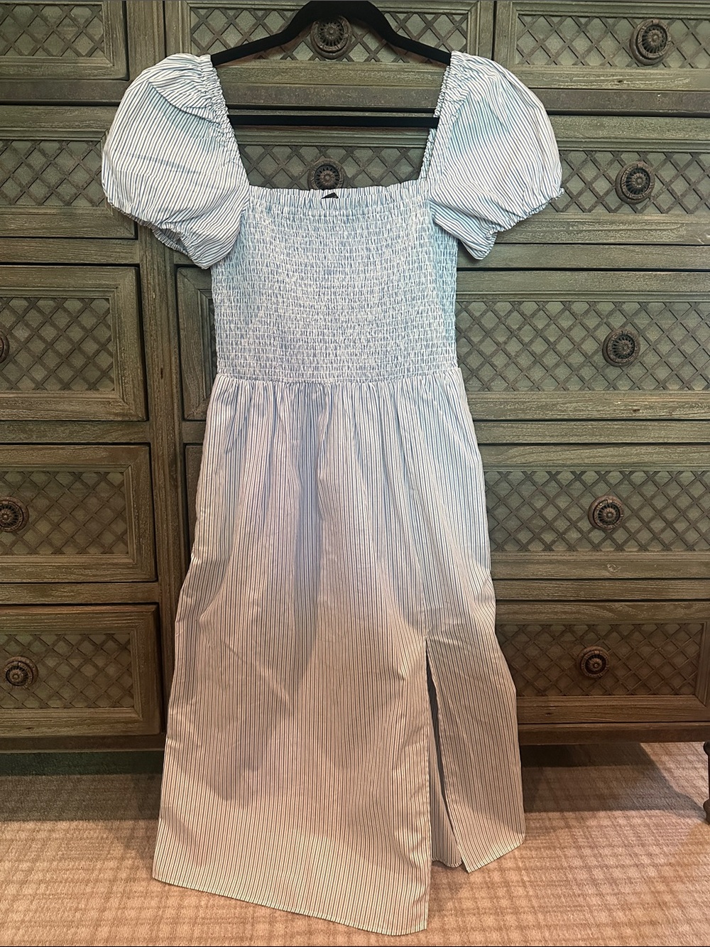 J. Crew Light Blue and White Striped Puff Sleeve Midi Dress